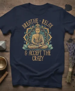 Buddha meditating on a mandala with text BREATHE - RELAX & ACCEPT THE CRAZY on a navy blue t-shirt