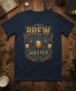 Brew Master T-Shirt design featuring ornate lettering, mythical creatures, and a beer glass graphic