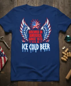 Brewed In America Since 1873 Ice Cold Beer t-shirt design with wings and American flag graphic
