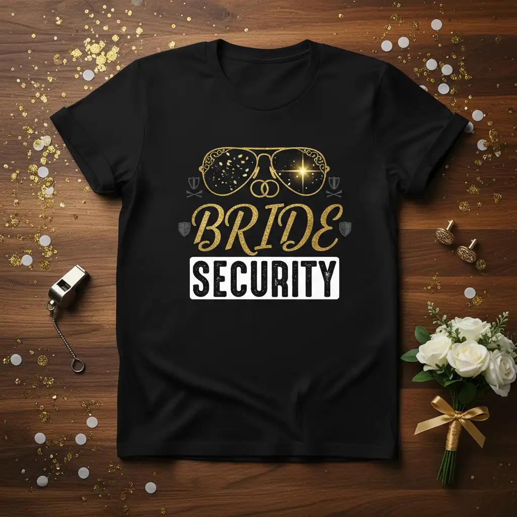 Bride Security graphic tee with glitter aviator sunglasses and bold text for bridal parties