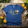 Bride to Bee text with crown and bumblebee graphic on a blue t-shirt, perfect for bridal events