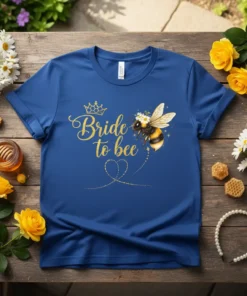 Bride to Bee text with crown and bumblebee graphic on a blue t-shirt, perfect for bridal events