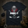 Bring It hockey t-shirt with a detailed goalie mask, crossed hockey sticks, and a puck. Features red and blue splatter
