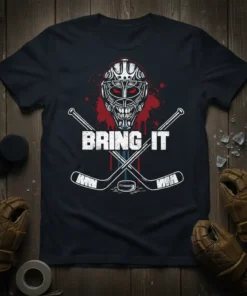 Bring It hockey t-shirt with a detailed goalie mask, crossed hockey sticks, and a puck. Features red and blue splatter