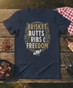 Brisket Butts Ribs & Freedom text design on a navy t-shirt with vintage distressed gold and white lettering and a