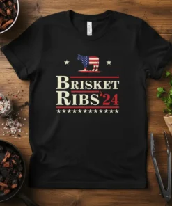 Brisket Ribs '24 t-shirt with American flag donkey graphic and patriotic text
