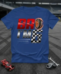 Bro I'm 6 racing themed birthday t-shirt with checkered flag and tire graphic for a 6-year-old boy