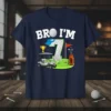 Bro I'm 7 golf birthday t-shirt design featuring a golf cart, trophy, golf bag, and the number 7 made of