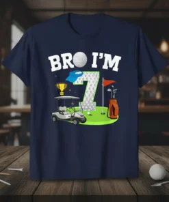 Bro I'm 7 golf birthday t-shirt design featuring a golf cart, trophy, golf bag, and the number 7 made of