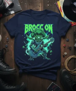 Brocc On text above a robot broccoli character playing an electric guitar, with green lightning effects