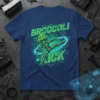 Robotic broccoli character performing a kick with "BRCCCOLI KICK" text, futuristic digital background, green and blue design on a navy