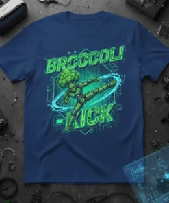 Robotic broccoli character performing a kick with "BRCCCOLI KICK" text, futuristic digital background, green and blue design on a navy