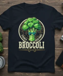 Funny cartoon broccoli wearing sunglasses with text Broccoli Strength Green Power, gym dumbbell graphic