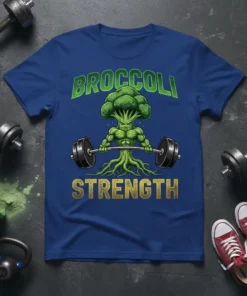 Broccoli Strength t-shirt with a muscular broccoli character lifting a barbell, green text "BROCCOLI" and gold text "STRENGTH"