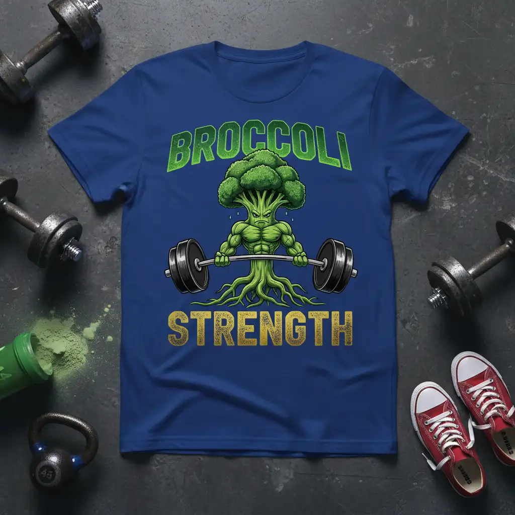 BROCCOLI STRENGTH unique artwork printed on breathable fabric creating a standout t-shirt
