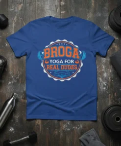 Broga Yoga For Real Dudes t-shirt with barbell graphics and muscular arm icons