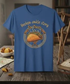 Broken ankle story for Tacos humorous quote t-shirt design with a taco and crutches graphic