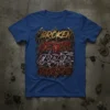 Broken Hearts Create Monsters text design with gothic font and skull graphics on a blue t-shirt