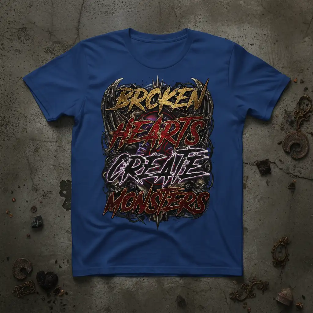 Broken Hearts Create Monsters quote in dramatic gothic lettering with dark fantasy elements on a blue t-shirt