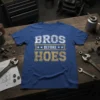 Bros Before Hoes text design on a blue t-shirt with distressed vintage lettering
