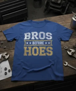 Bros Before Hoes text design on a blue t-shirt with distressed vintage lettering