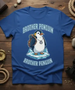 Brother Penguin Adventure T-Shirt with a cute penguin wearing a backpack and standing on ice, text "BROTHER PENGUIN BROTHER PENGUIN"