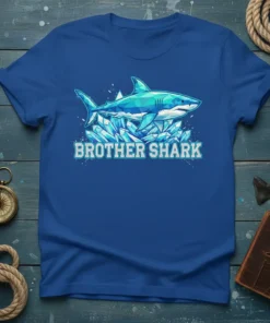 Brother Shark t-shirt design with a geometric blue shark above crystal-like formations