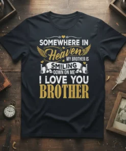 Black t-shirt with gold and white text "Somewhere in Heaven My Brother Is Smiling Down on Me I Love You