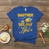 Brother of the Bee-Day Girl T-Shirt featuring a cute bee wearing a party hat, cake, and text "Brother of the