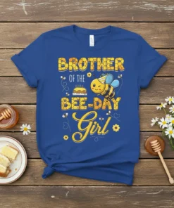 Brother of the Bee-Day Girl T-Shirt featuring a cute bee wearing a party hat, cake, and text "Brother of the