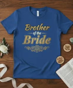 Brother of the Bride text design with gold glitter font and floral accents on a blue t-shirt