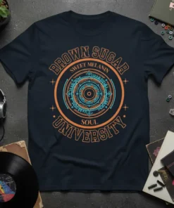 Brown Sugar Sweet Melanin Soul University graphic t-shirt with circular emblem design
