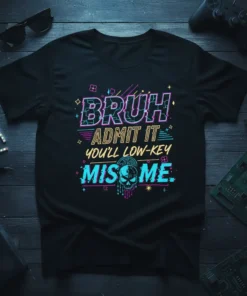 Bruh Admit It You'll Low-Key Miss Me t-shirt with neon retro gaming design and skull graphic