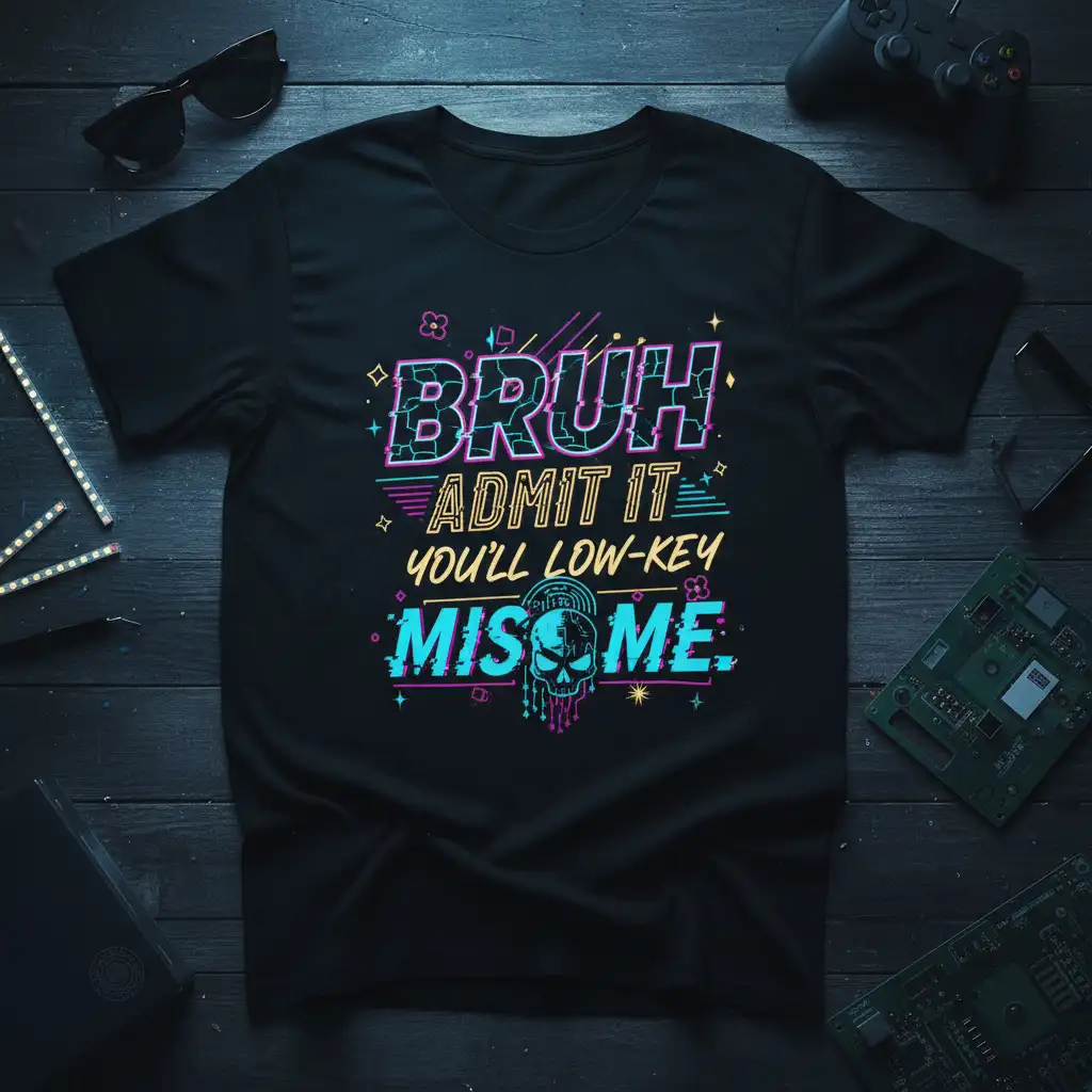 Bruh Admit It You'll Low-Key Miss Me quote in retro neon font with skull graphic