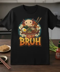 Bruh text with a cute axolotl in a ramen bowl graphic on a black t-shirt