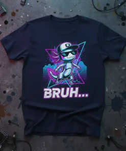 Bruh... axolotl wearing sunglasses and a backward cap with retro vaporwave background graphic