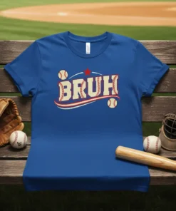 BRUH text design with baseball graphics on a royal blue t-shirt, baseball-themed sports fan apparel
