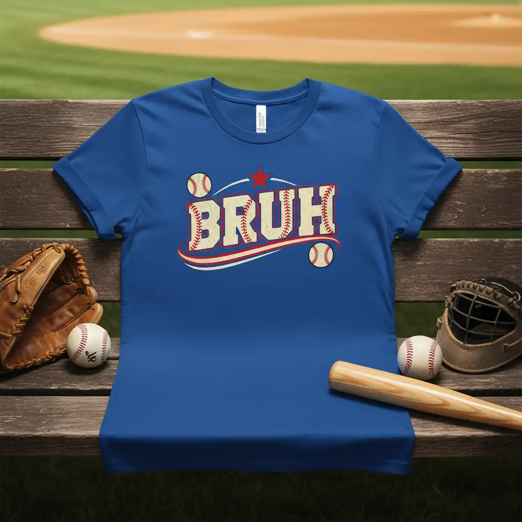 BRUH baseball t-shirt design with vintage stitching and baseball graphics for sports fans