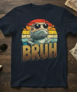 BRUH text with a cool bearded dragon wearing sunglasses in front of a retro sunset graphic on a navy t-shirt