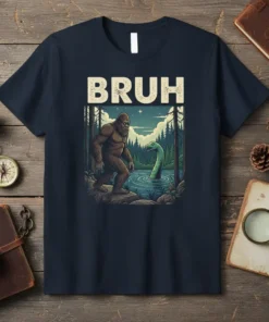 Bruh t-shirt design with Bigfoot and Nessie in a forest lake scene, featuring bold text