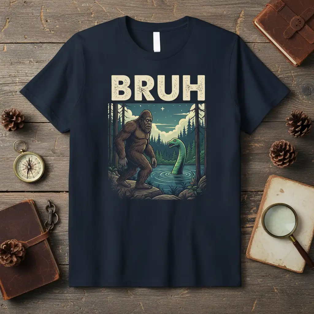Bruh t-shirt featuring Bigfoot and Nessie in a forest lake setting with bold text for cryptid lovers