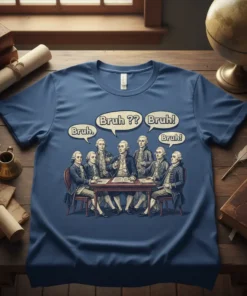 Founding Fathers t-shirt design with "Bruh Bruh Bruh Bruh" speech bubbles, historical figures at a table