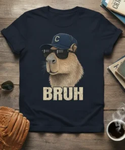 Bruh Capybara T-Shirt with text "BRUH", featuring a capybara wearing sunglasses and a blue baseball cap