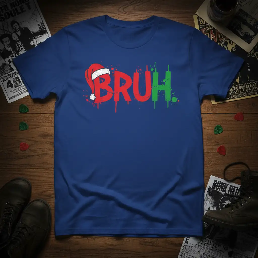 Bruh Christmas Stock Market Tee with Santa hat and green/red stock chart design elements