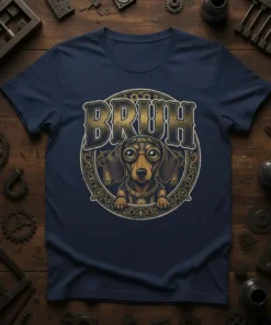 BRUH text above a steampunk-style dachshund wearing goggles on a navy t-shirt