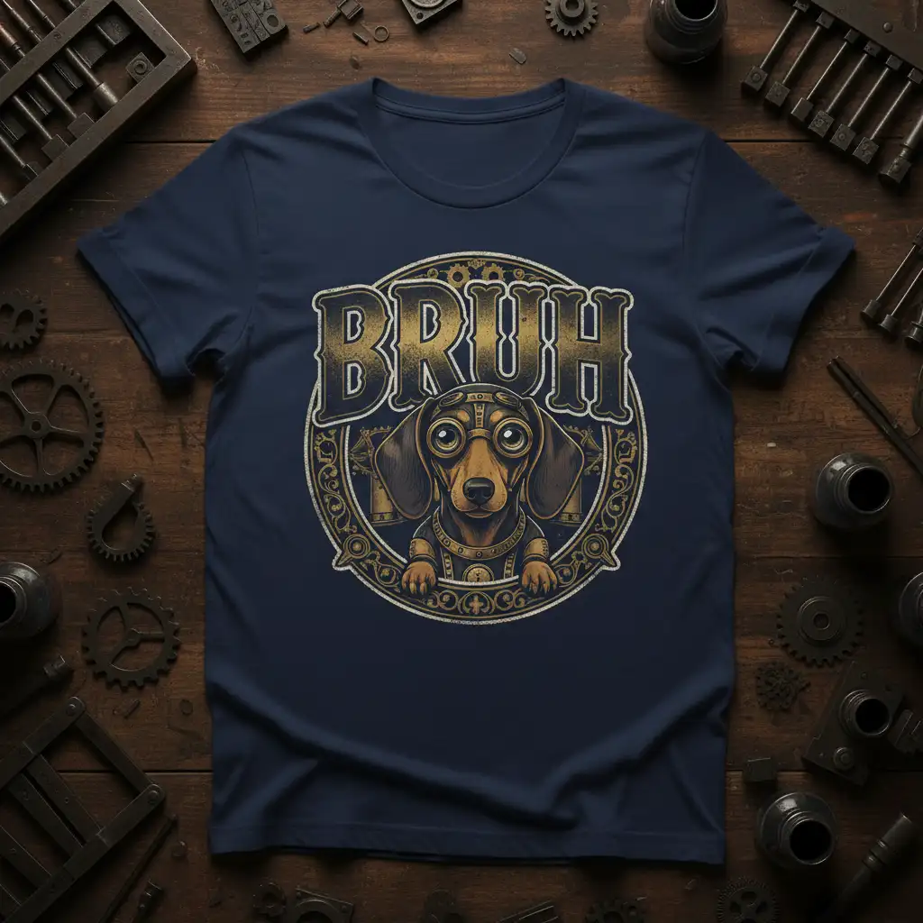 BRUH text design with a steampunk dachshund wearing goggles, perfect for dog lovers