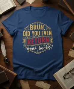 Bruh Did You Even Return Your Books quote t-shirt with vintage decorative border and banner graphic