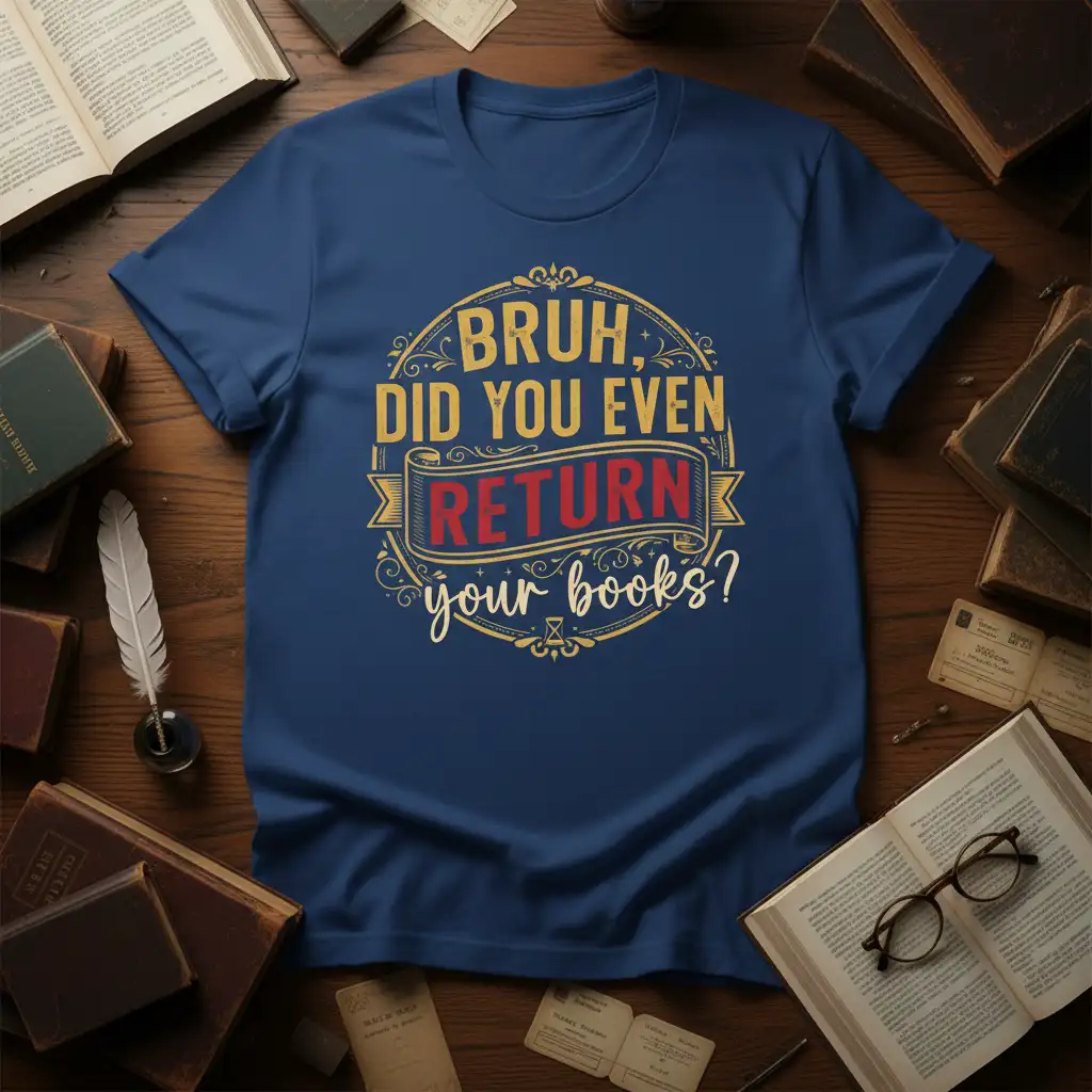 Bruh Did You Even Return Your Books quote in distressed gold and red text with ornate frame on a navy blue t-shirt
