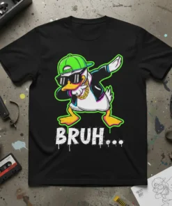 Black t-shirt featuring a dab dancing duck wearing sunglasses and a hat with the word BRUH... below