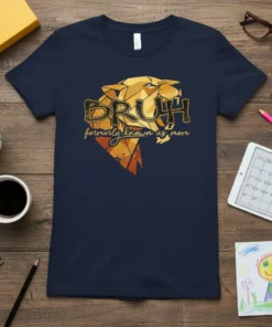 Navy t-shirt with "BRUH formerly known as mom" text and a geometric tiger head graphic